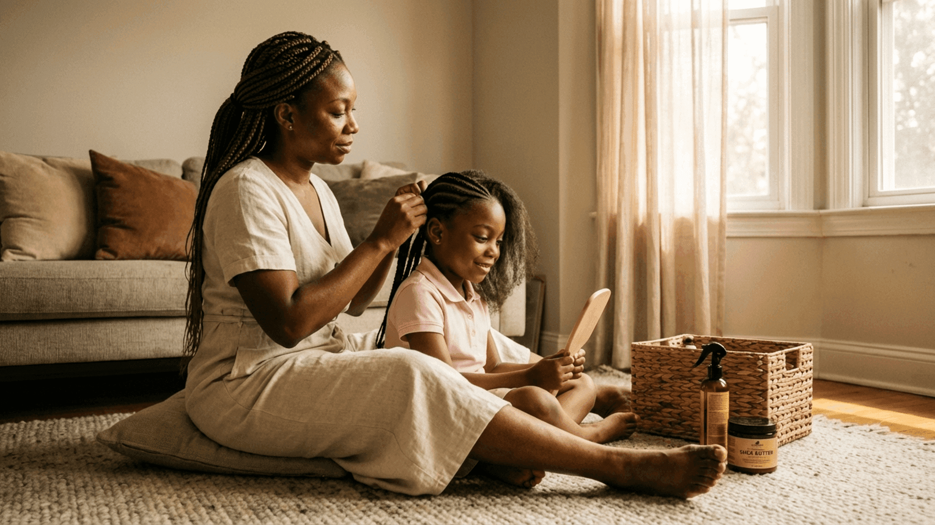 A Black mother cornrowing her young daughter's hair in golden afternoon light