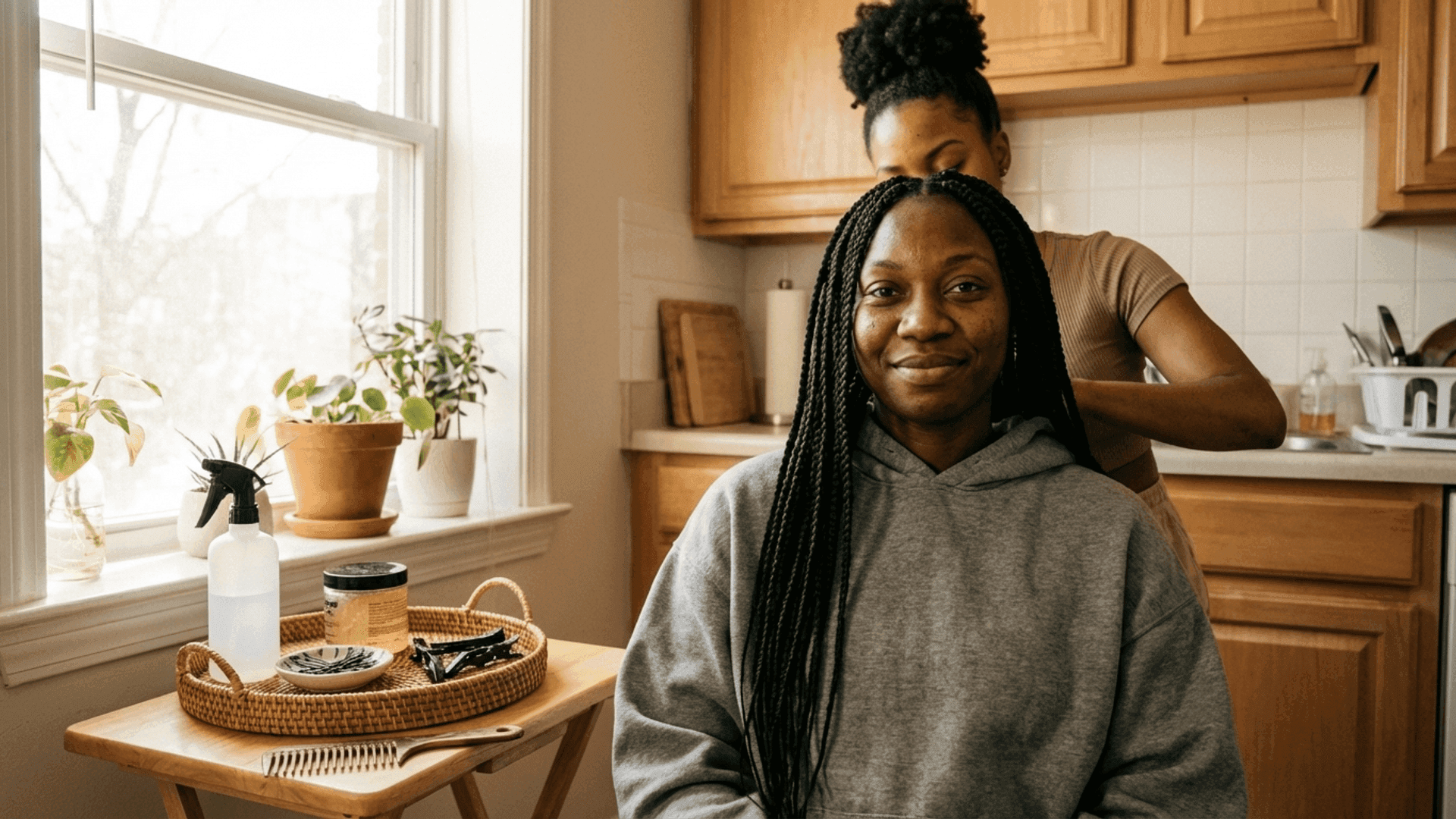 Two Black women in a kitchen, one braiding the other’s hair