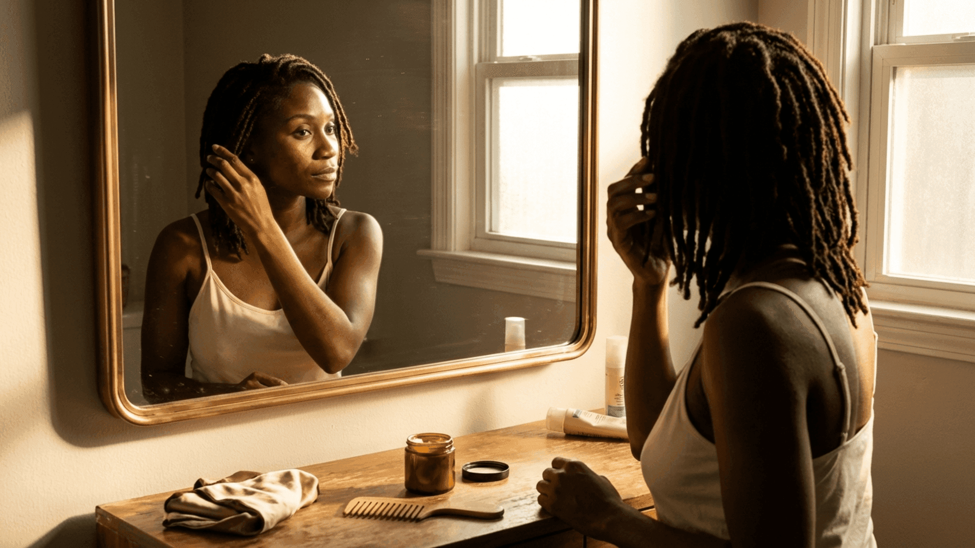 A Black woman with locs anointing her hair with oil at a bathroom vanity
