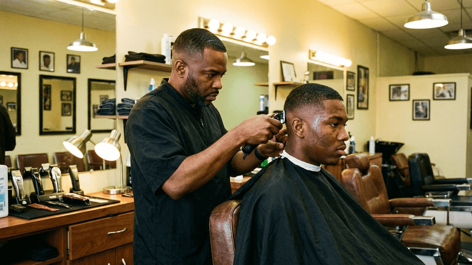 A Black master barber shaping a young client’s fade in a classic barbershop