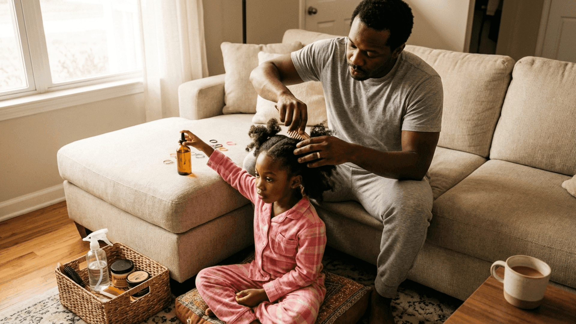 A Black father carefully parting his young daughter's hair on a Saturday morning