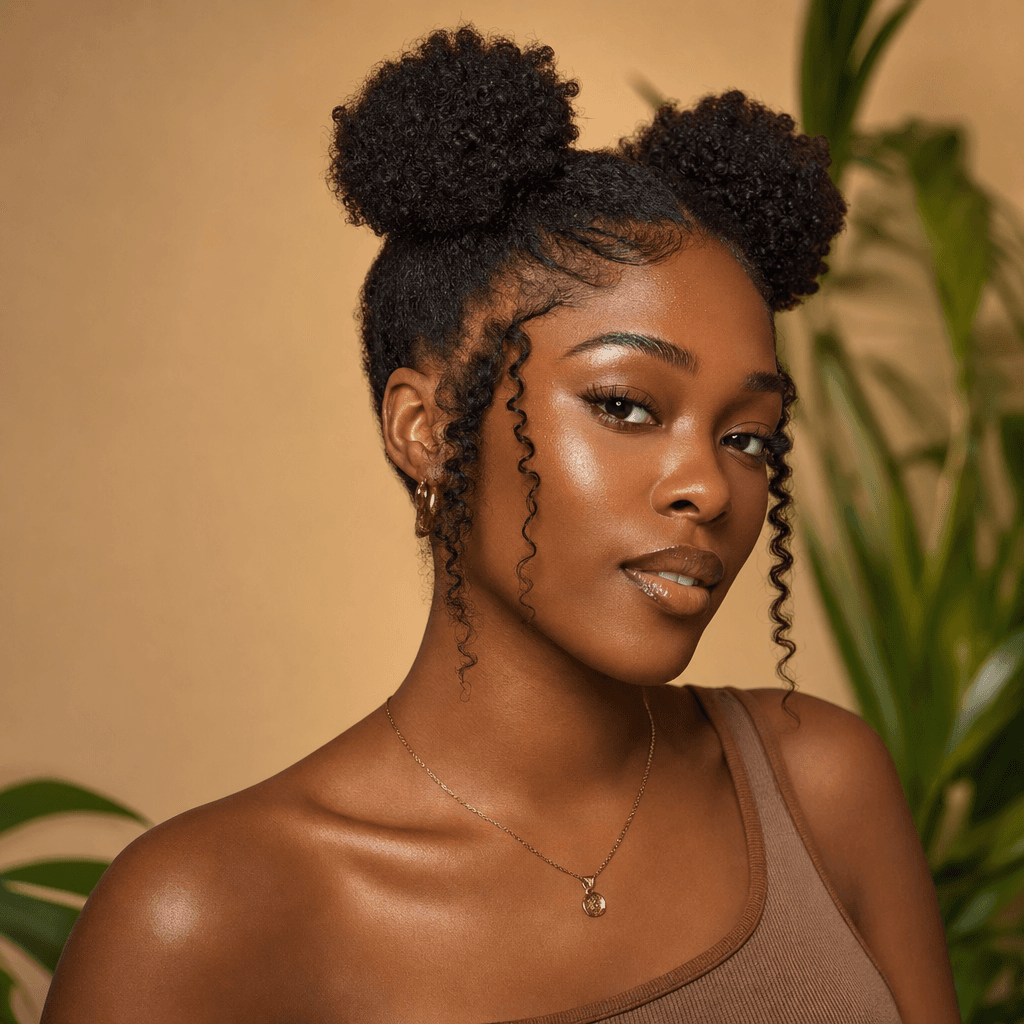 A joyful Black woman with space buns styled in her natural hair, showcasing vibrant curls and wearing a colorful outfit, embodying youthful spirit and confidence in a bright, well-lit setting.
