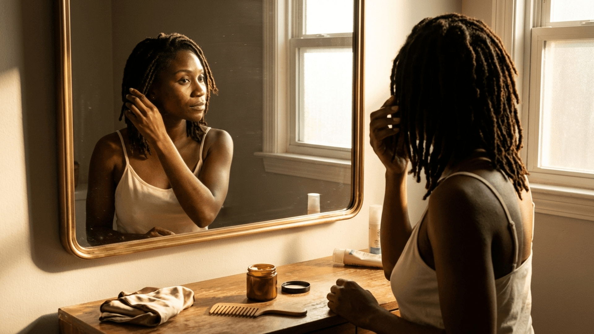 A Black woman with locs anointing her hair with oil at a bathroom vanity